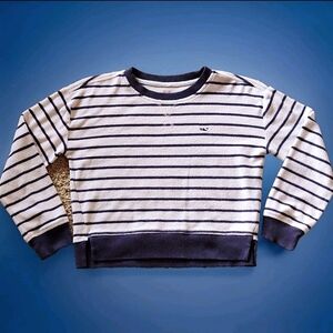 Vineyard Vines Girls Striped Slightly Cropped Terry Sweatshirt Size M Navy White